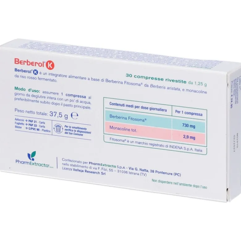 Berberol K Integratore per Abbassare Colesterolo e Trigliceridi 30 compresse