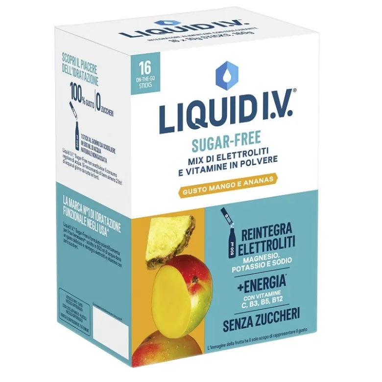 Liquid Iv Sugar Free Mango e Ananas integratore elettroliti per energia e idratazione 16 stick monodose da 10 g
