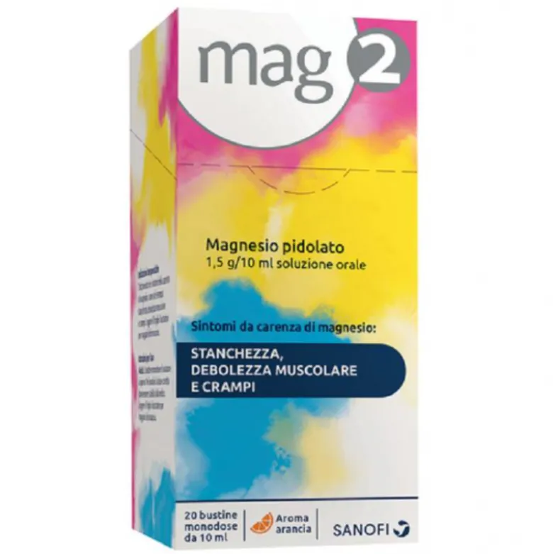 Mag 2 Magnesio Pidolato Integratore Gusto Arancia 20 Bustine Liquide