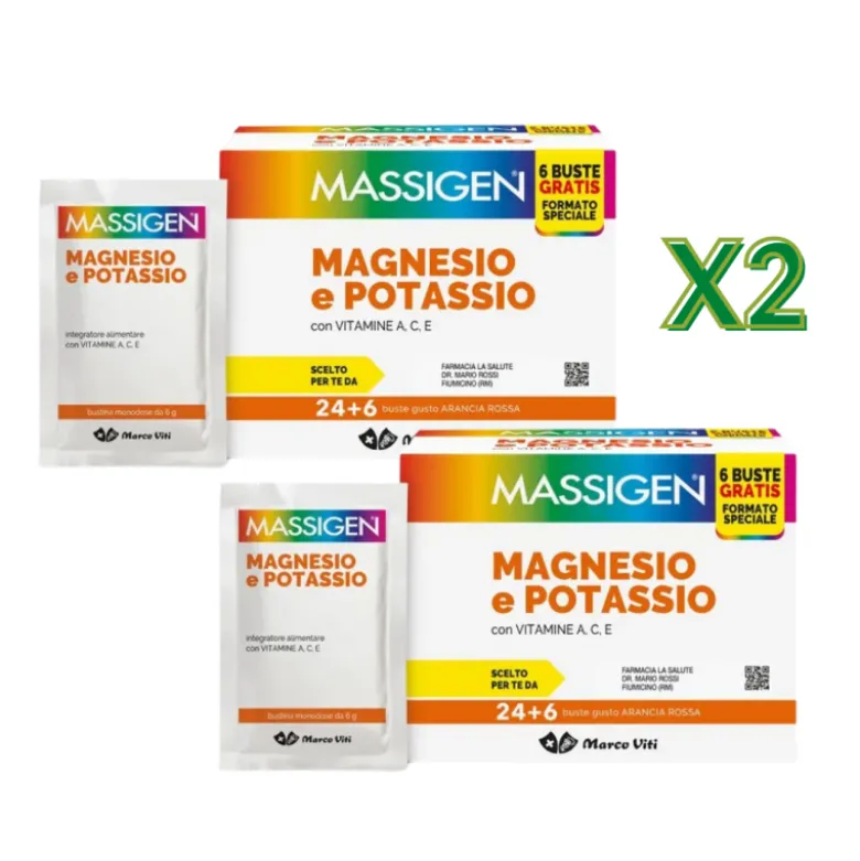 Massigen Magnesio e Potassio Integratore per Stanchezza 30 Bustine - 2 Confezioni