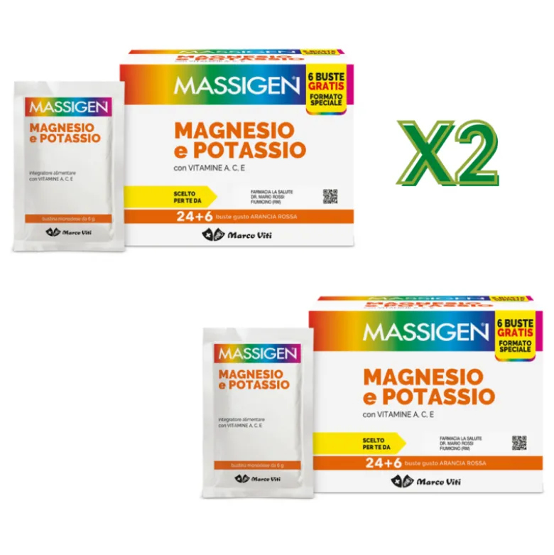 Massigen Magnesio e Potassio Integratore per Stanchezza 30 Bustine - 2 Confezioni