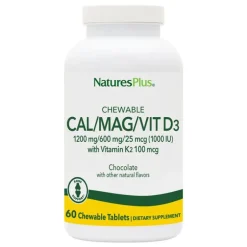 Natures Plus Cal Mag Vit D3 con K2 Integratore Masticabile Gusto Cioccolato 60 Caramelle