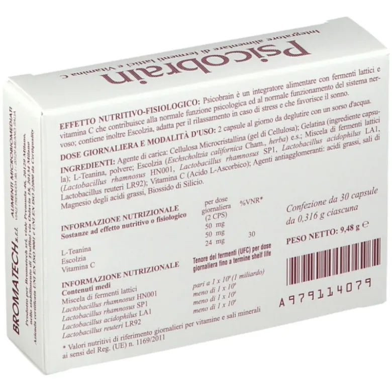 Psicobrain Bromatech Fermenti Lattici e Vitamina C per Stress 30 Capsule